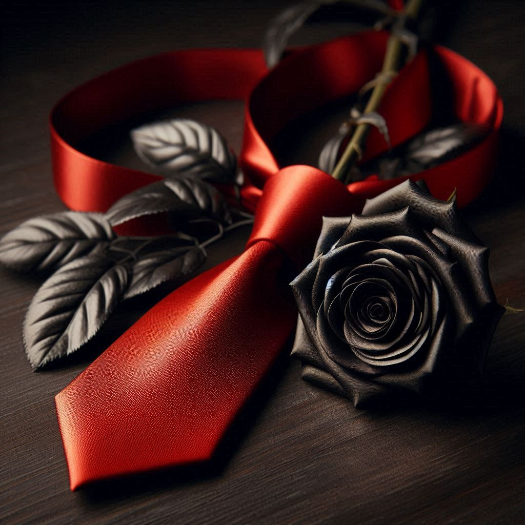 A red tie and a black Rose in a desk.